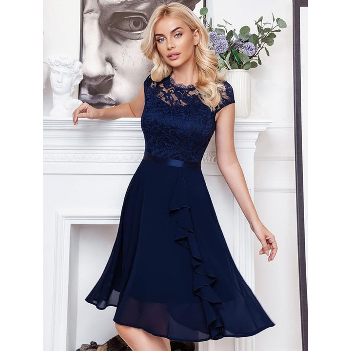 Women Navy Pink Lace Contrast Chiffon Ruffles Flared Dress for Party, Wedding guest - OneBag