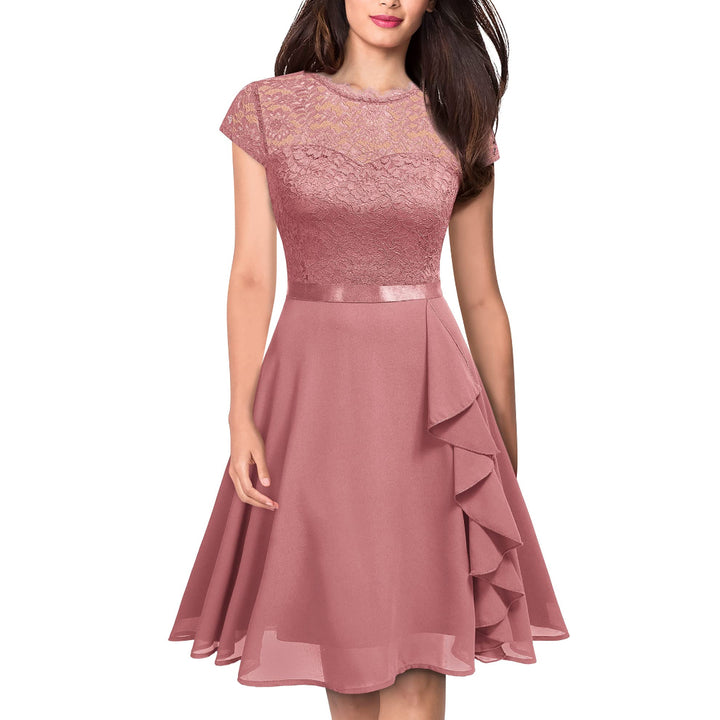 Women Navy Pink Lace Contrast Chiffon Ruffles Flared Dress for Party, Wedding guest - OneBag