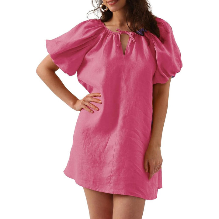 Womens Pure Linen Dress, Summer Puff Sleeve Dress, V Neck Mini Dress - OneBag