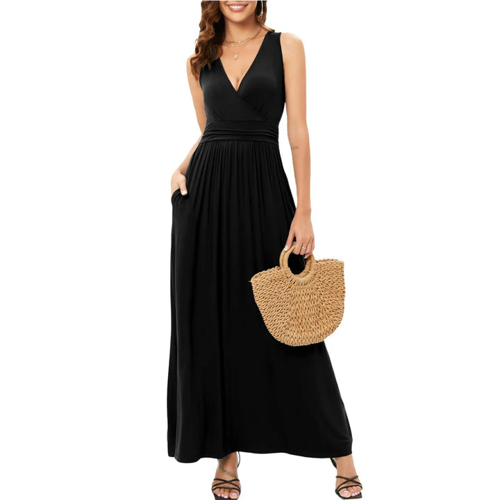 V Neck Sleeveless Maxi Dress with Pockets - OneBag