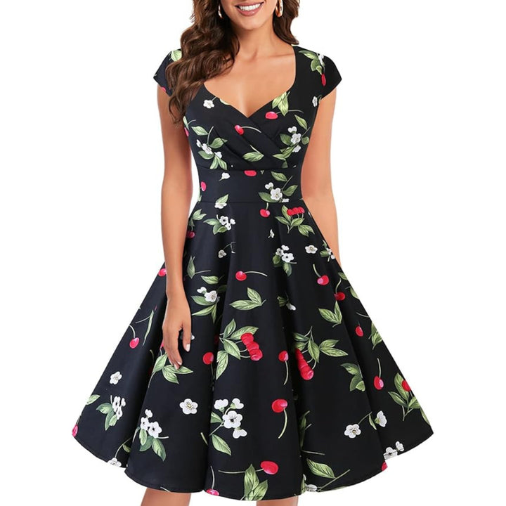 Women A Line Rockabilly Dress Cap Sleeve - OneBag