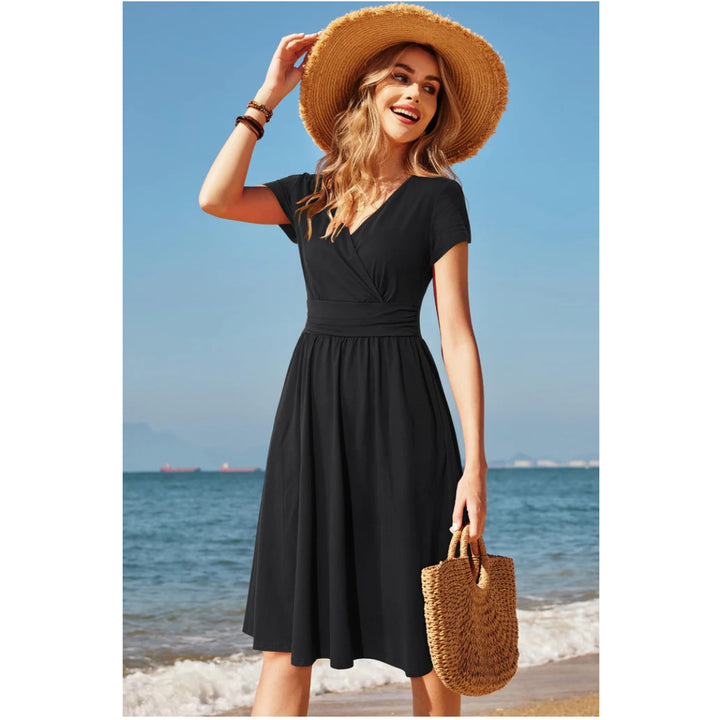 Women Short Sleeve V-Neck Casual Dress with Pockets - OneBag