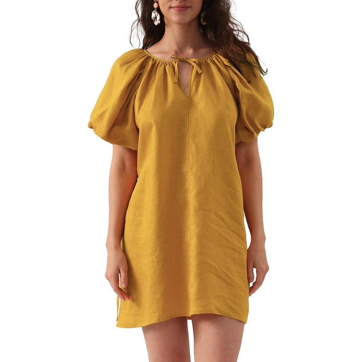 Womens Pure Linen Dress, Summer Puff Sleeve Dress, V Neck Mini Dress - OneBag