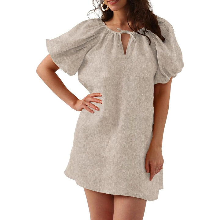 Womens Pure Linen Dress, Summer Puff Sleeve Dress, V Neck Mini Dress - OneBag