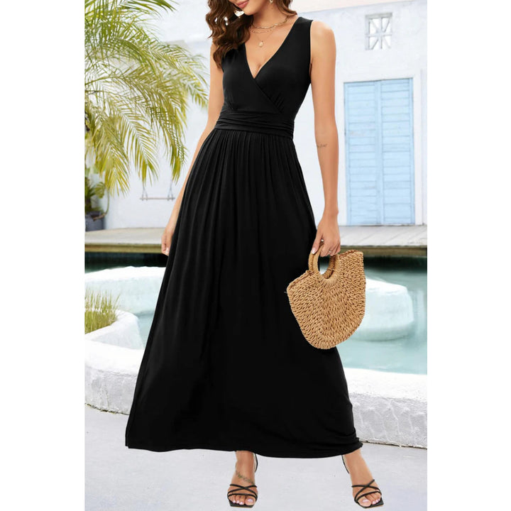 V Neck Sleeveless Maxi Dress with Pockets - OneBag