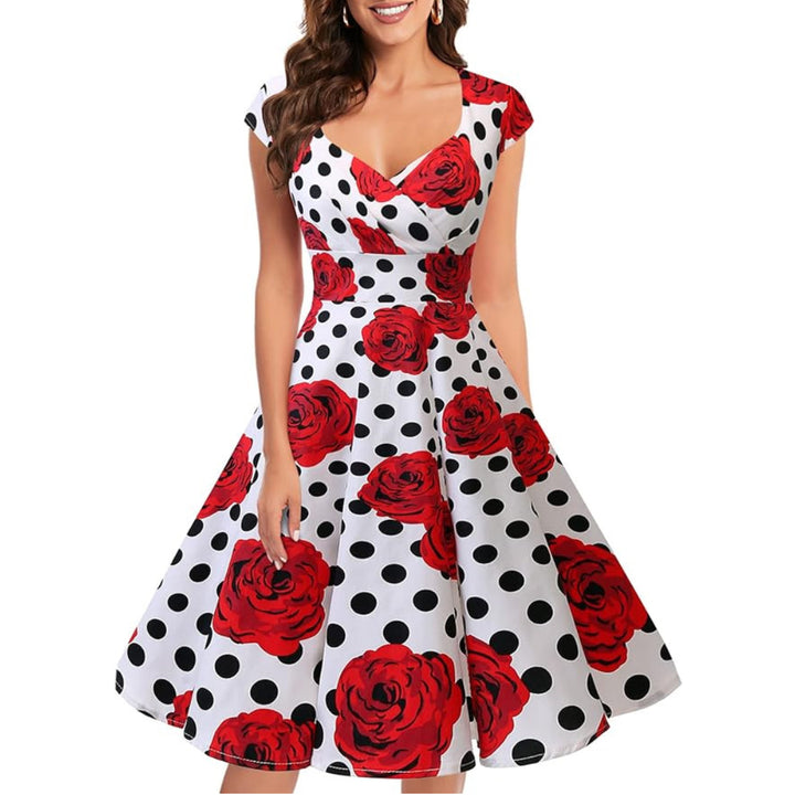 Women A Line Rockabilly Dress Cap Sleeve - OneBag