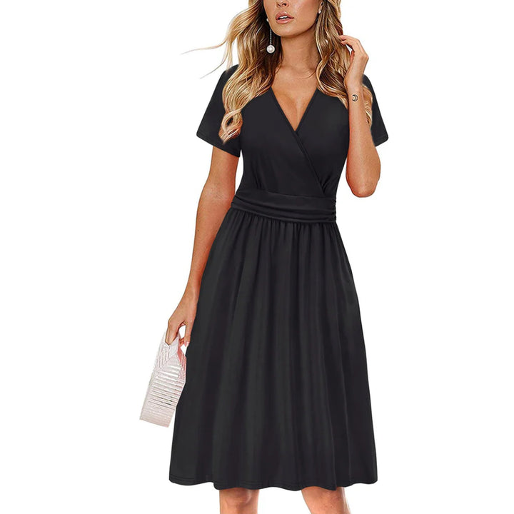 Women Short Sleeve V-Neck Casual Dress with Pockets - OneBag