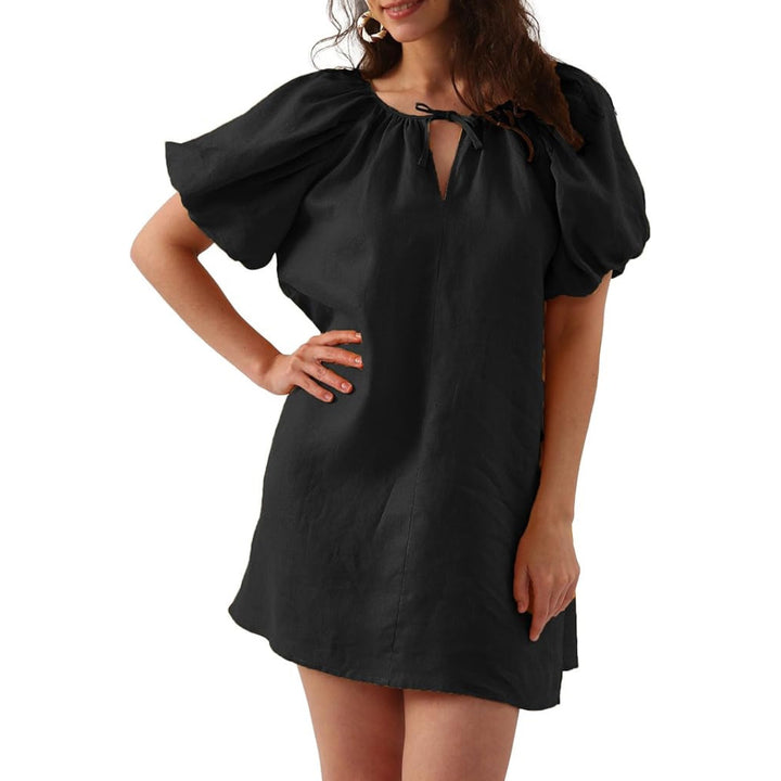 Womens Pure Linen Dress, Summer Puff Sleeve Dress, V Neck Mini Dress - OneBag