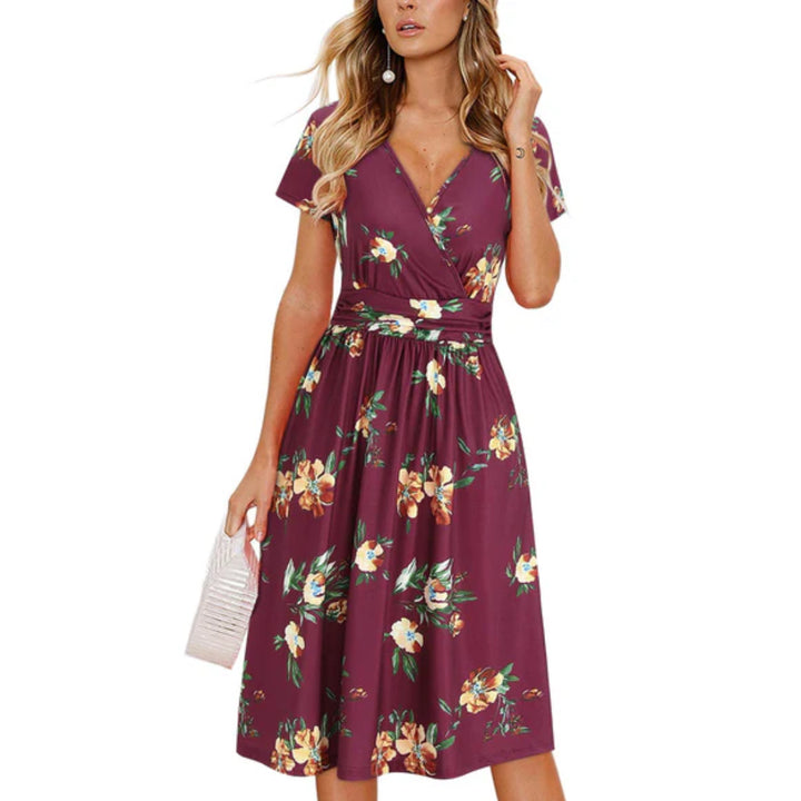 Women Short Sleeve V-Neck Casual Dress with Pockets - OneBag