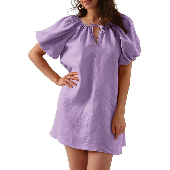 Womens Pure Linen Dress, Summer Puff Sleeve Dress, V Neck Mini Dress - OneBag