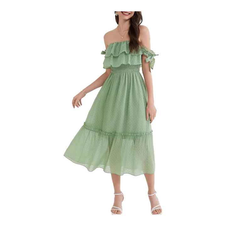 Women Green Floral Chiffon Strapless Summer Dress- M - OneBag