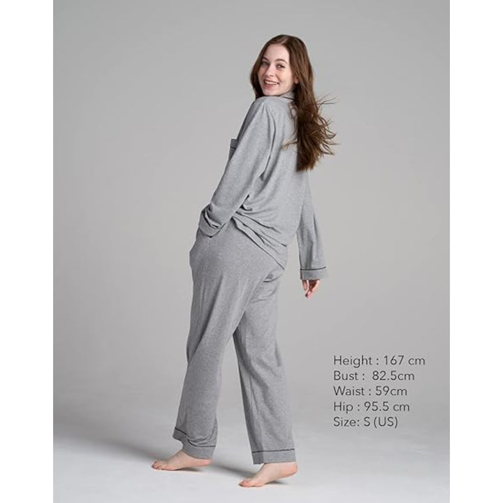 Women Grey Pyjamas Set Knit Lounge Bottom Pants and Long Sleeve Button Top - OneBag