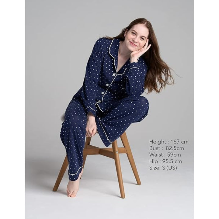 Women Navy Pyjamas Set Knit Lounge Bottom Pants and Long Sleeve Button Top - OneBag