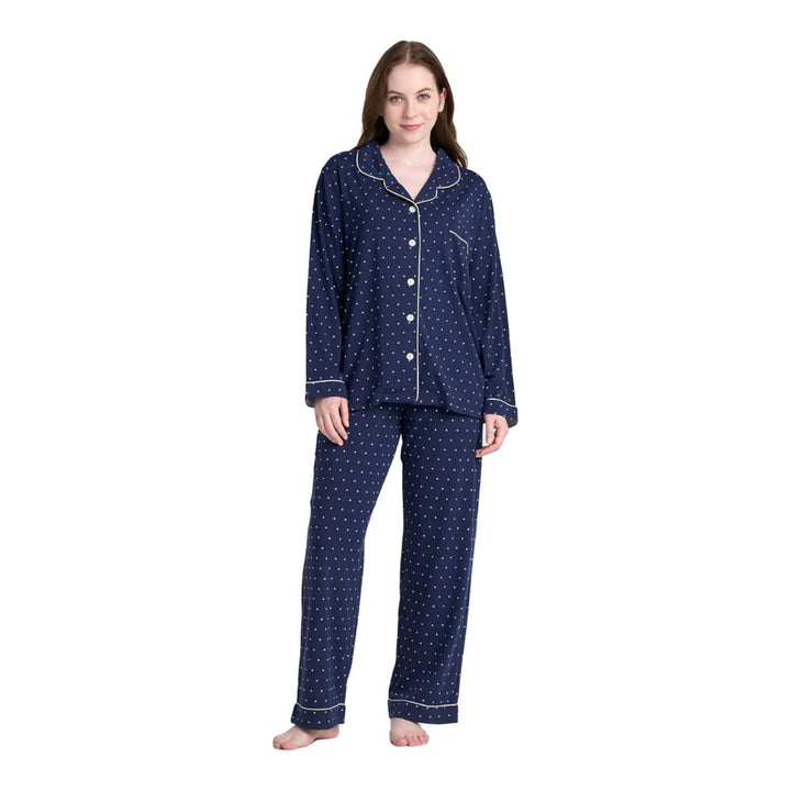 Women Navy Pyjamas Set Knit Lounge Bottom Pants and Long Sleeve Button Top - OneBag