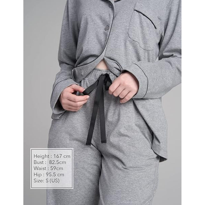 Women Grey Pyjamas Set Knit Lounge Bottom Pants and Long Sleeve Button Top - OneBag
