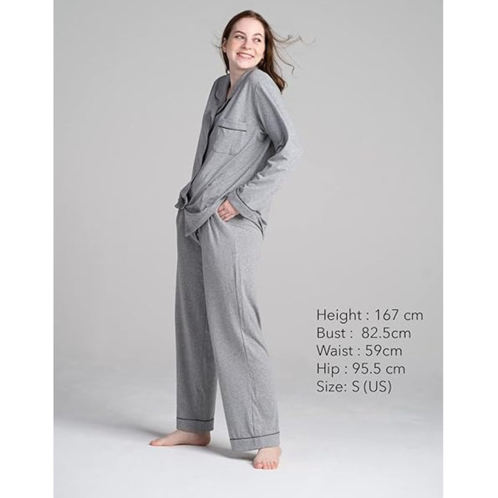 Women Grey Pyjamas Set Knit Lounge Bottom Pants and Long Sleeve Button Top - OneBag