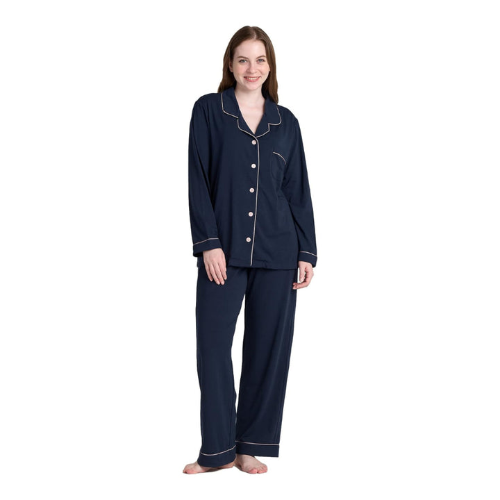 Women Navy Pyjamas Set Knit Lounge Bottom Pants and Long Sleeve Button Top - OneBag