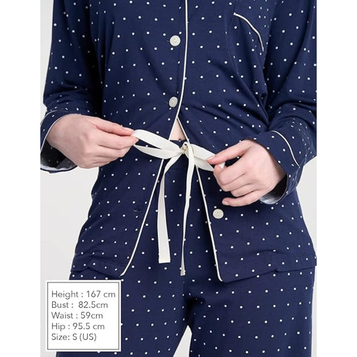 Women Navy Pyjamas Set Knit Lounge Bottom Pants and Long Sleeve Button Top - OneBag