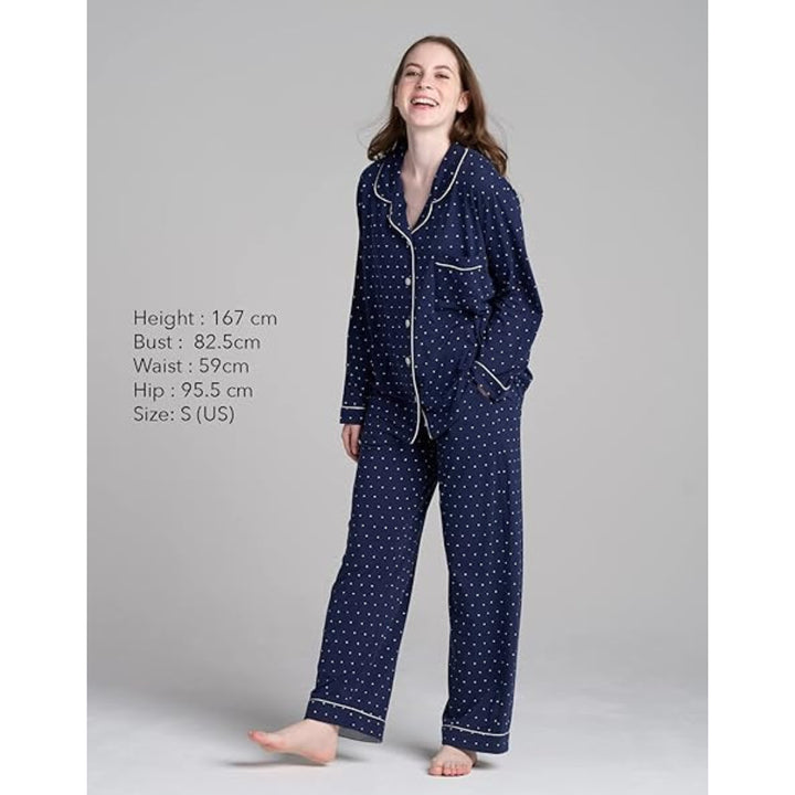 Women Navy Pyjamas Set Knit Lounge Bottom Pants and Long Sleeve Button Top - OneBag