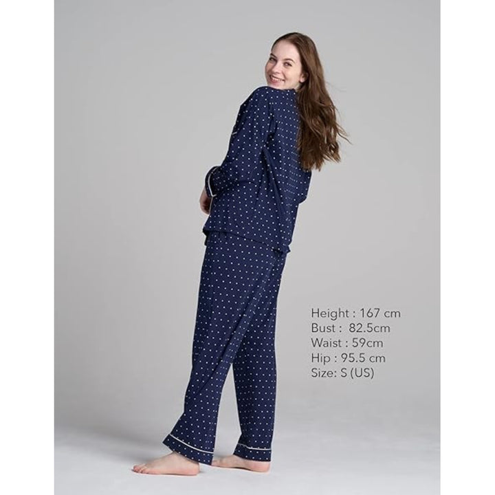 Women Navy Pyjamas Set Knit Lounge Bottom Pants and Long Sleeve Button Top - OneBag