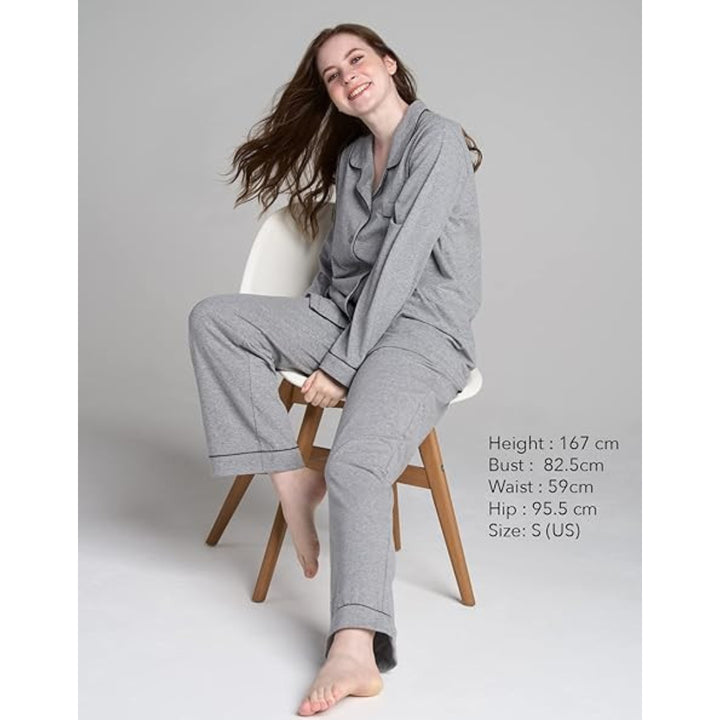 Women Grey Pyjamas Set Knit Lounge Bottom Pants and Long Sleeve Button Top - OneBag