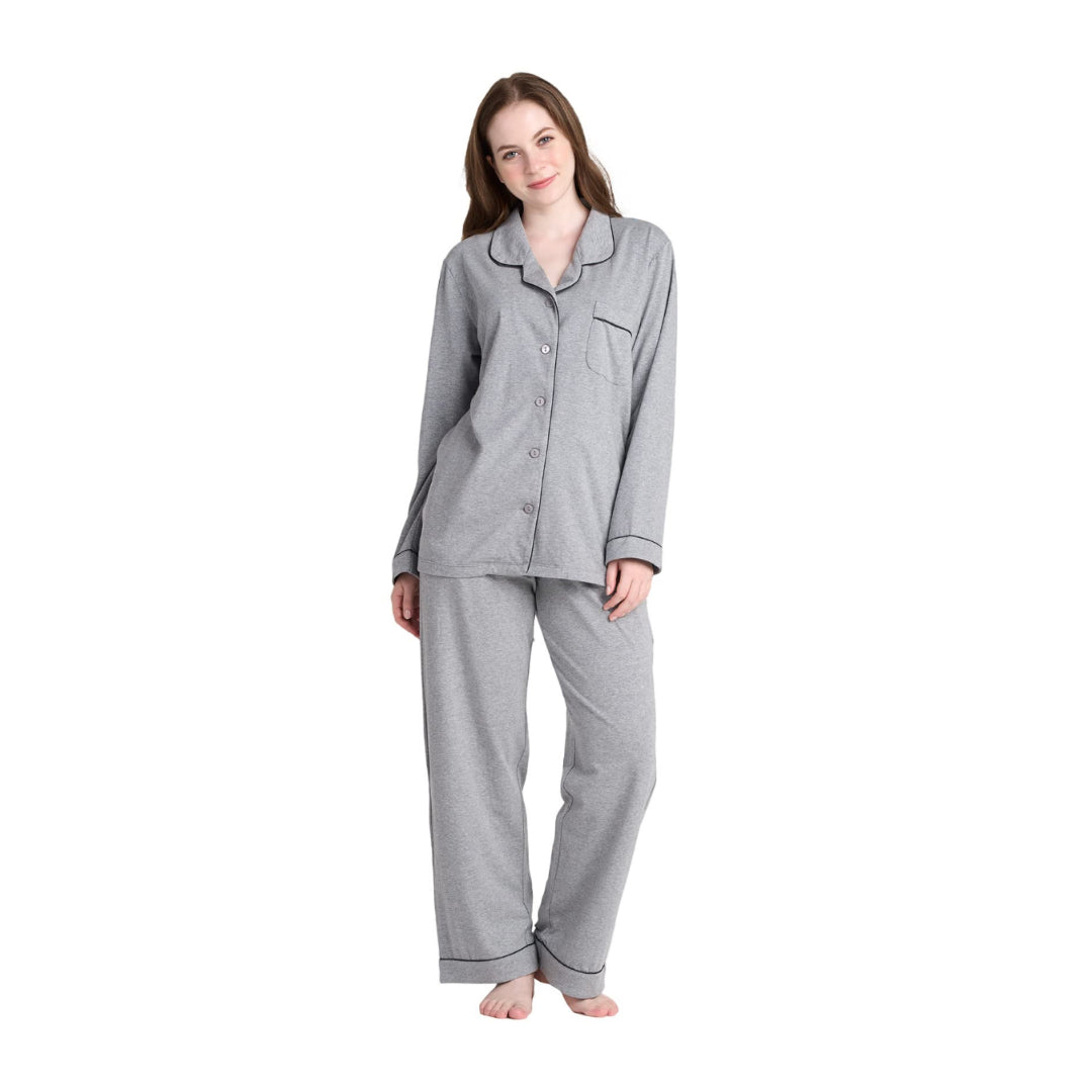 Women Grey Pyjamas Set Knit Lounge Bottom Pants and Long Sleeve Button ...