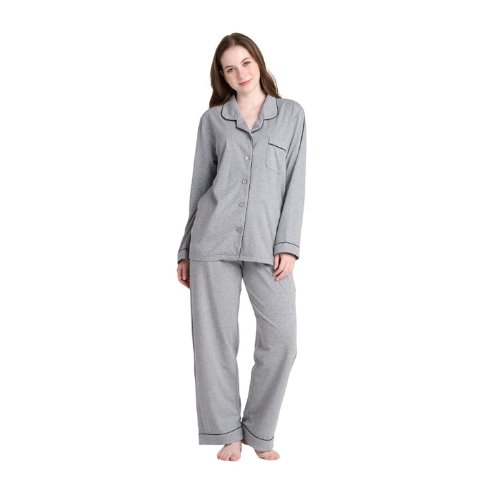 Women Grey Pyjamas Set Knit Lounge Bottom Pants and Long Sleeve Button Top - OneBag