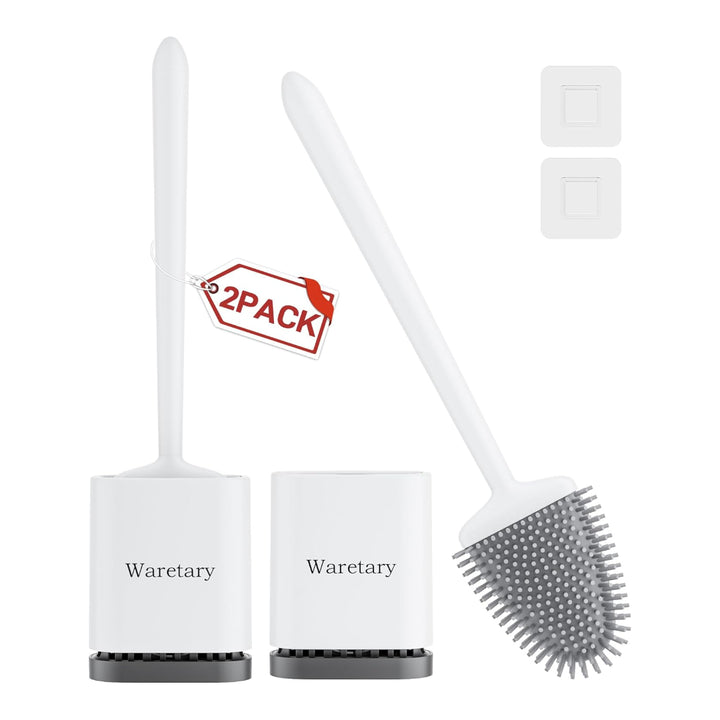 2 Pcs Silicone Toilet Brush and Holder Set with Long Non-Slip Handle for Bathroom, Wall Mounted & Floor Type - OneBag