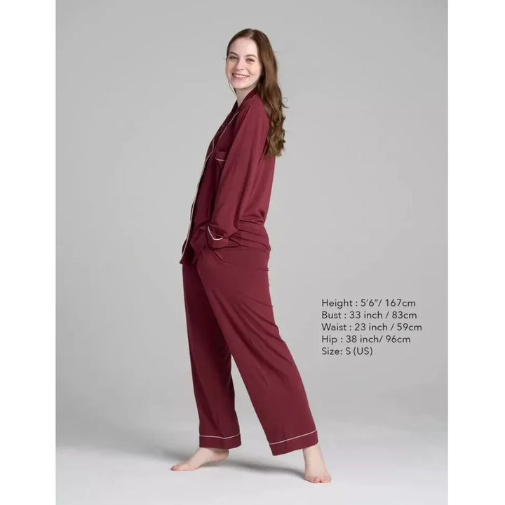 Women Bordeaux Pyjamas Set Knit Lounge Bottom Pants and Long Sleeve Button Top - OneBag