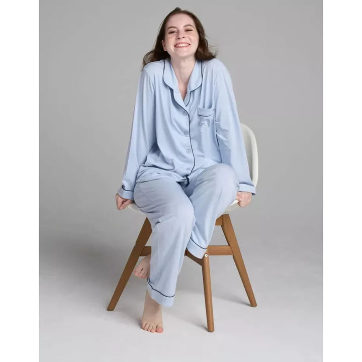 Women Blue Pyjamas Set Knit Lounge Bottom Pants and Long Sleeve Button Top - OneBag