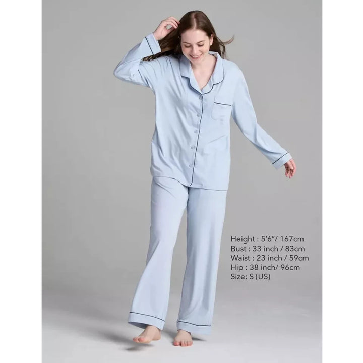 Women Blue Pyjamas Set Knit Lounge Bottom Pants and Long Sleeve Button Top - OneBag