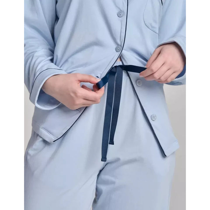 Women Blue Pyjamas Set Knit Lounge Bottom Pants and Long Sleeve Button Top - OneBag