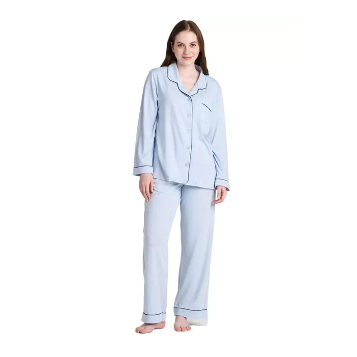 Women Blue Pyjamas Set Knit Lounge Bottom Pants and Long Sleeve Button Top - OneBag