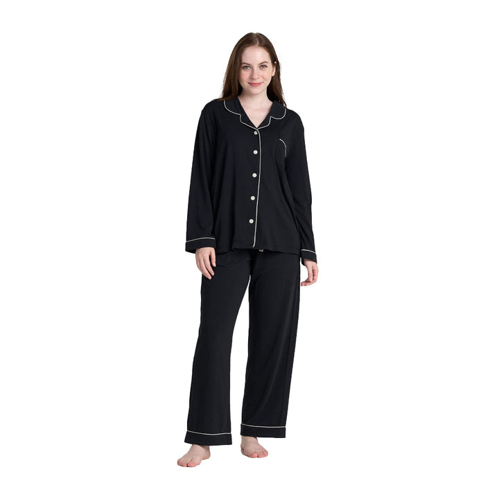Women Black Pyjamas Set Knit Lounge Bottom Pants and Long Sleeve Button Top - OneBag