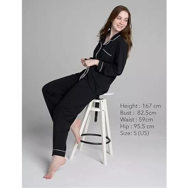 Women Black Pyjamas Set Knit Lounge Bottom Pants and Long Sleeve Button Top - OneBag