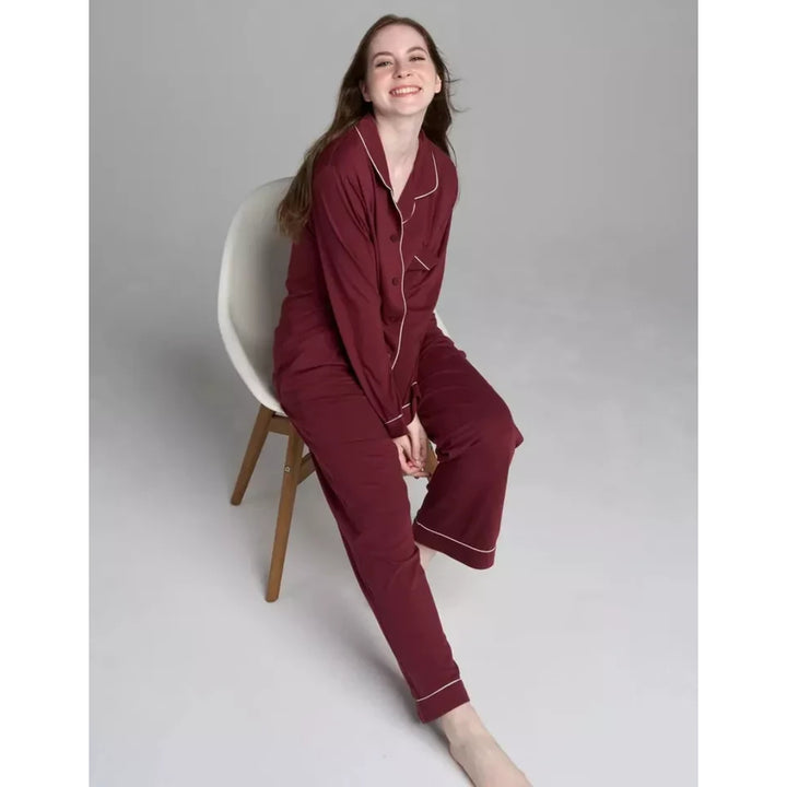 Women Bordeaux Pyjamas Set Knit Lounge Bottom Pants and Long Sleeve Button Top - OneBag