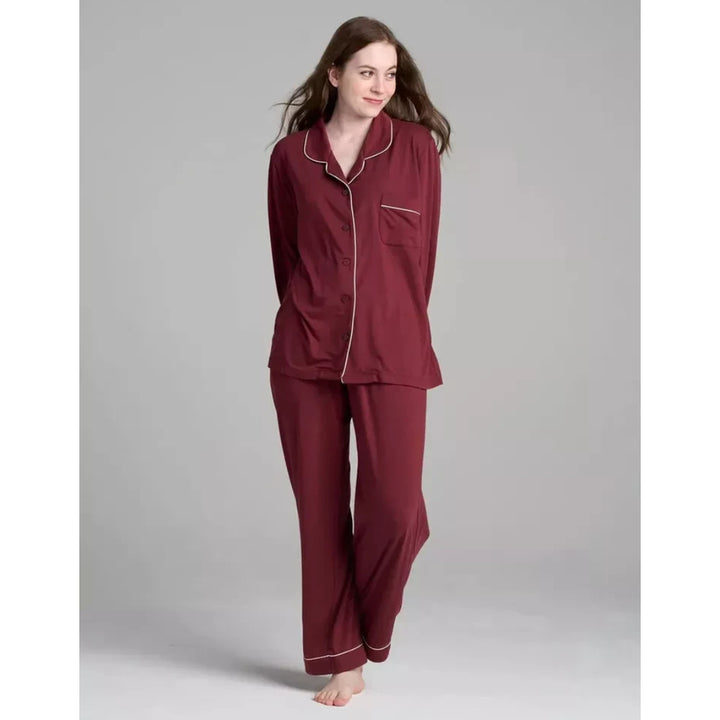 Women Bordeaux Pyjamas Set Knit Lounge Bottom Pants and Long Sleeve Button Top - OneBag