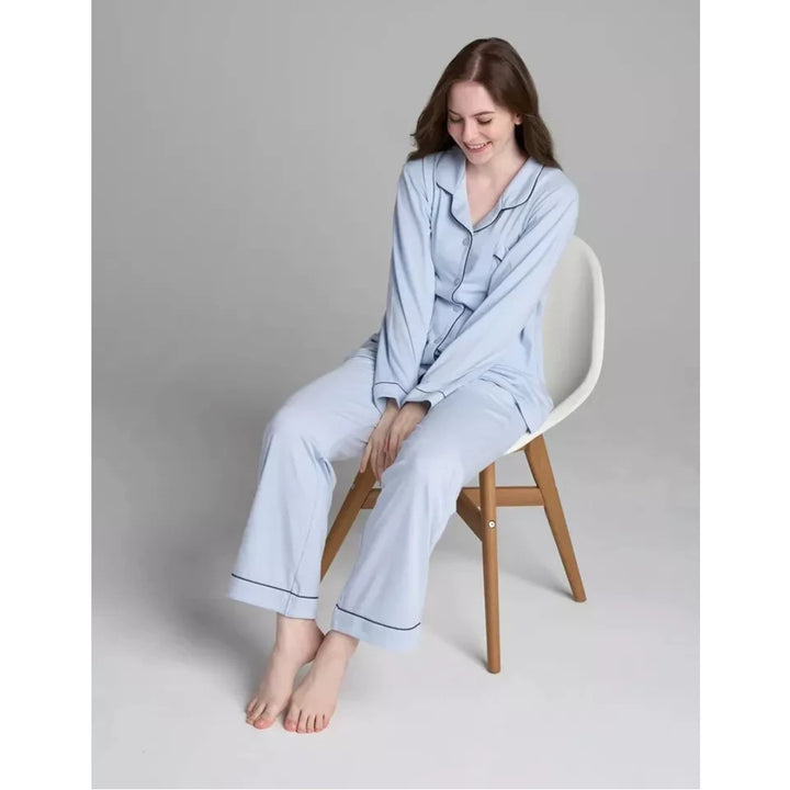 Women Blue Pyjamas Set Knit Lounge Bottom Pants and Long Sleeve Button Top - OneBag