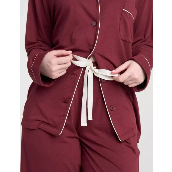 Women Bordeaux Pyjamas Set Knit Lounge Bottom Pants and Long Sleeve Button Top - OneBag