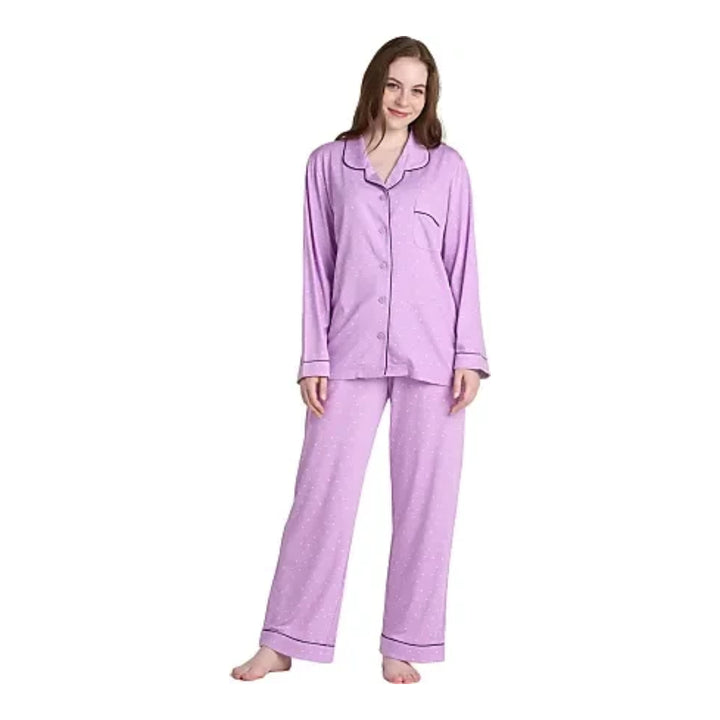 Women Purple Dotted Pyjamas Set Knit Lounge Bottom Pants and Long Sleeve Button Top - OneBag