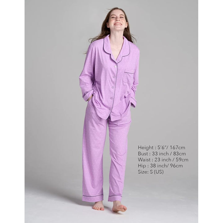 Women Purple Dotted Pyjamas Set Knit Lounge Bottom Pants and Long Sleeve Button Top - OneBag