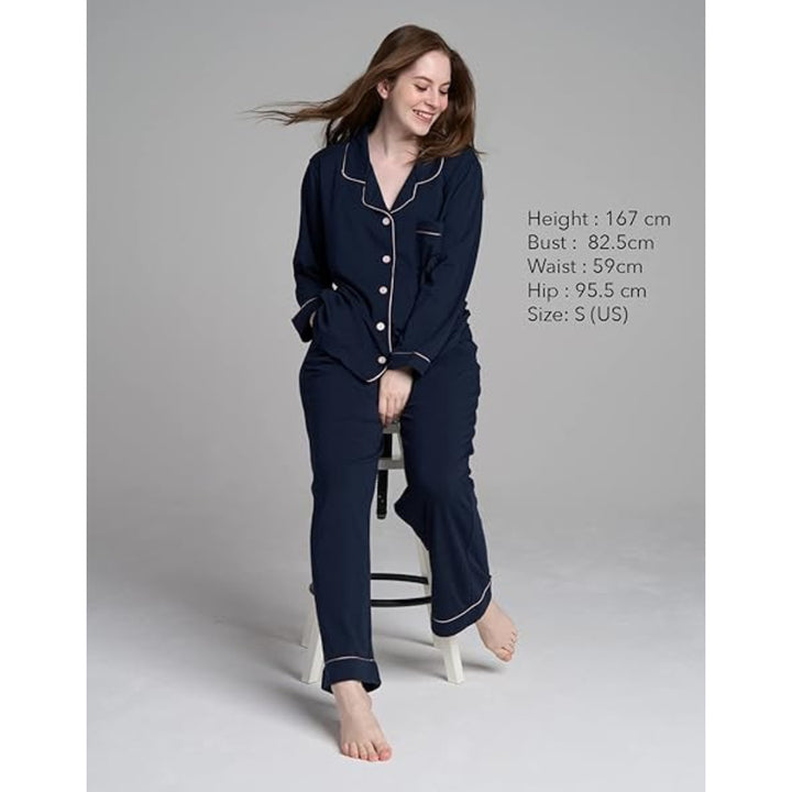Women Navy Pyjamas Set Knit Lounge Bottom Pants and Long Sleeve Button Top - OneBag