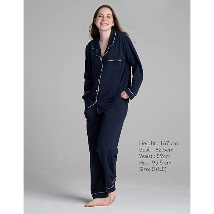 Women Navy Pyjamas Set Knit Lounge Bottom Pants and Long Sleeve Button Top - OneBag
