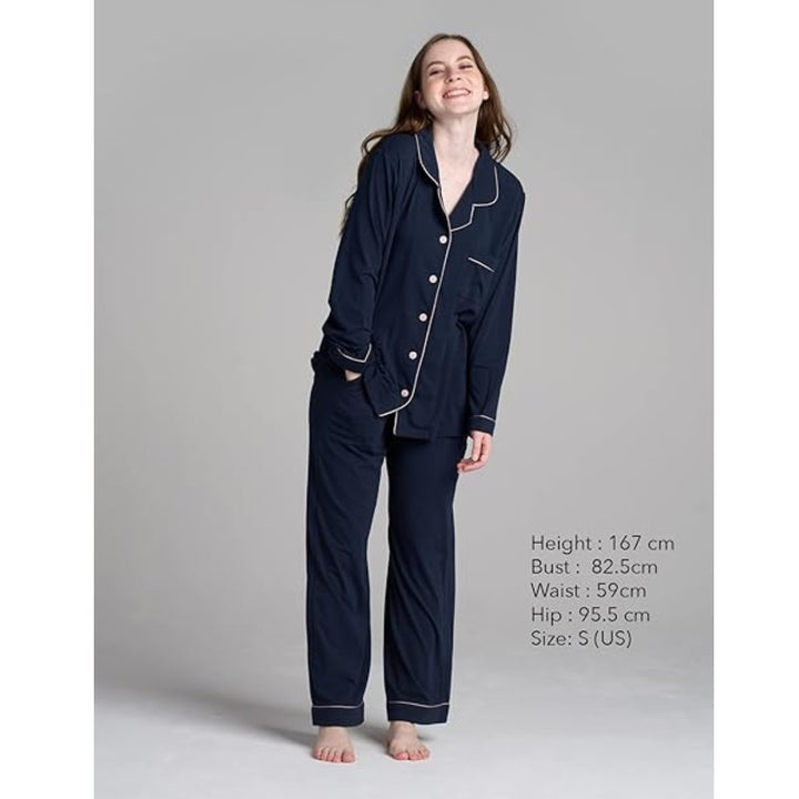 Women Navy Pyjamas Set Knit Lounge Bottom Pants and Long Sleeve Button Top - OneBag