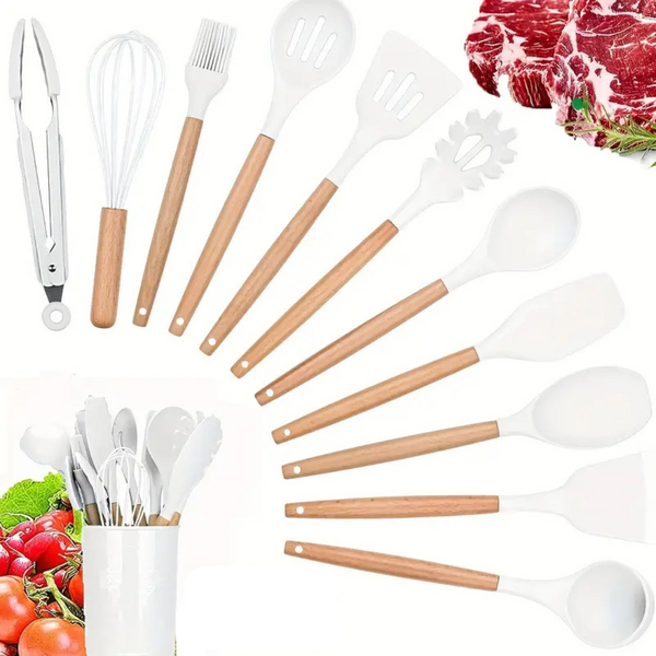 12 Pcs Non-Stick Silicone Cooking Utensils Spatula, Tong, Whisk Set  with Wooden Handle