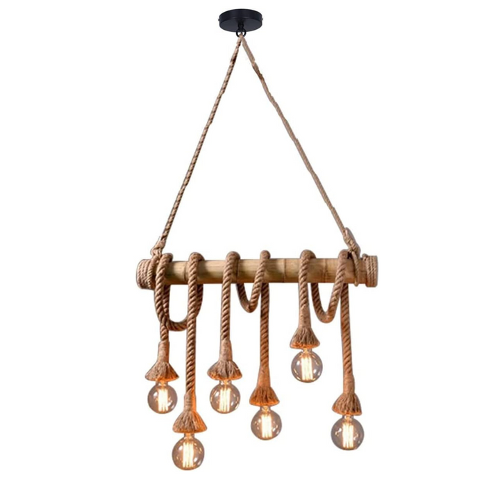 6 Lights Bamboo Hemp Rope Pendant Lights Retro Oversize Chandelier Ceiling Light for Kitchen - OneBag