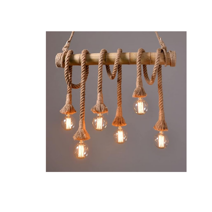 6 Lights Bamboo Hemp Rope Pendant Lights Retro Oversize Chandelier Ceiling Light for Kitchen - OneBag