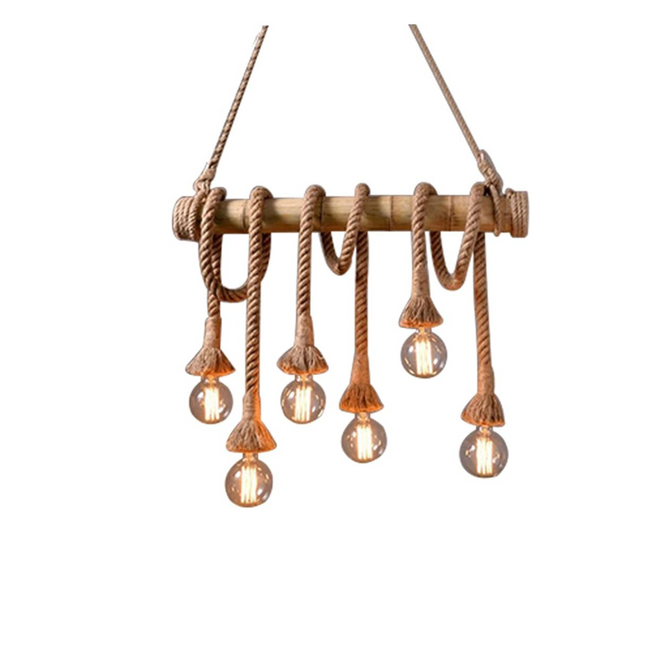 6 Lights Bamboo Hemp Rope Pendant Lights Retro Oversize Chandelier Ceiling Light for Kitchen - OneBag