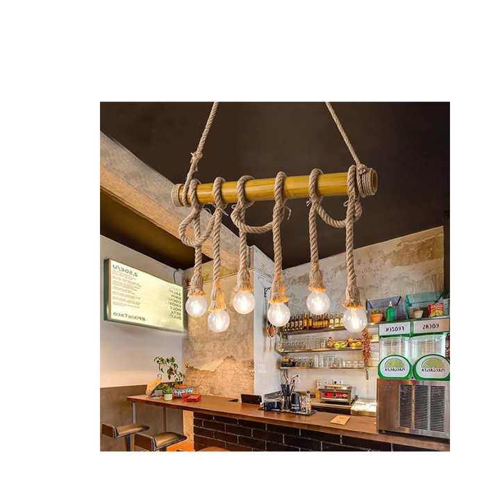 6 Lights Bamboo Hemp Rope Pendant Lights Retro Oversize Chandelier Ceiling Light for Kitchen - OneBag