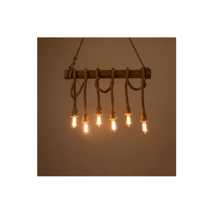 6 Lights Bamboo Hemp Rope Pendant Lights Retro Oversize Chandelier Ceiling Light for Kitchen - OneBag